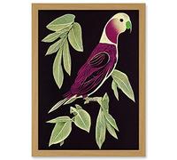 Doppelganger33 LTD Modern Vibrant Magenta Purple Parrot On Tree Branch Linocut Illustration Black Plum Artwork Framed Wall Art Print A4