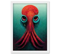 Doppelganger33 LTD Modern Vibrant Red & Teal Octopus Artwork Framed Wall Art Print A4