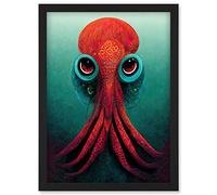 Doppelganger33 LTD Modern Vibrant Red & Teal Octopus Artwork Framed Wall Art Print A4