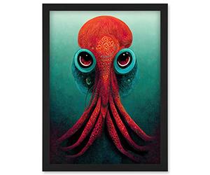 Doppelganger33 LTD Modern Vibrant Red & Teal Octopus Artwork Framed Wall Art Print A4