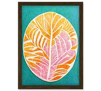 Doppelganger33 LTD Monstera Leaf Linocut In Pastel Pink Orange On Teal Artwork Framed Wall Art Print A4