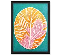 Doppelganger33 LTD Monstera Leaf Linocut In Pastel Pink Orange On Teal Artwork Framed Wall Art Print A4