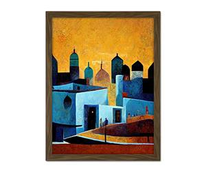 Doppelganger33 LTD Moroccan African Cityscape Modern Blue Yellow Artwork Framed Wall Art Print 18X24 Inch