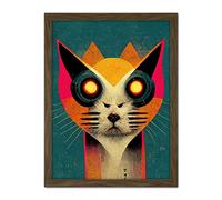 Doppelganger33 LTD Multicoloured Retro Cyborg Cat Hybrid In Teal Background Artwork Framed Wall Art Print 18X24 Inch