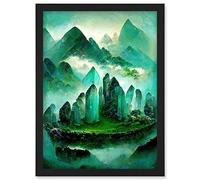 Doppelganger33 LTD Mystical New Age Crystal Jade Green Landscape Painting Artwork Framed A3 Wall Art Print