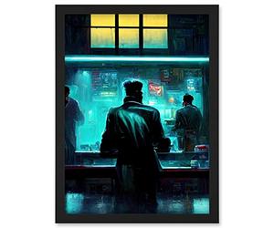 Doppelganger33 LTD Nighthawks Style Futuristic Cyber Noir Bar Artwork Framed Wall Art Print A4