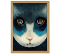 Doppelganger33 LTD Nihonga Style Japanese Cat Blue Artwork Framed Wall Art Print A4