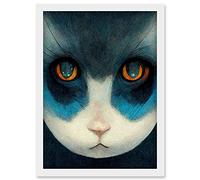 Doppelganger33 LTD Nihonga Style Japanese Cat Blue Artwork Framed Wall Art Print A4