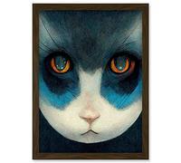 Doppelganger33 LTD Nihonga Style Japanese Cat Blue Artwork Framed Wall Art Print A4