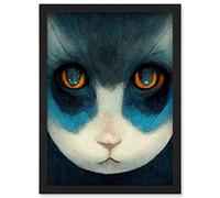 Doppelganger33 LTD Nihonga Style Japanese Cat Blue Artwork Framed Wall Art Print A4