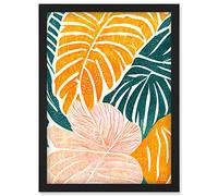 Doppelganger33 LTD Orange Pastel Pink Green Monstera Plant Leaf Boho Linocut Illustration Artwork Framed Wall Art Print A4