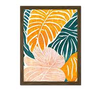 Doppelganger33 LTD Orange Pastel Pink Green Monstera Plant Leaf Boho Linocut Illustration Artwork Framed Wall Art Print 18X24 Inch
