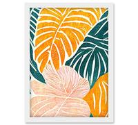 Doppelganger33 LTD Orange Pastel Pink Green Monstera Plant Leaf Boho Linocut Illustration Artwork Framed Wall Art Print A4