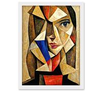 Doppelganger33 LTD Painting Cubism Style Portrait Of Young Woman Beige And Brown Artwork Framed A3 Wall Art Print