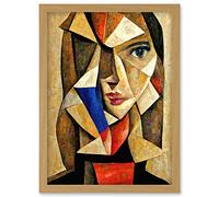 Doppelganger33 LTD Painting Cubism Style Portrait Of Young Woman Beige And Brown Artwork Framed A3 Wall Art Print