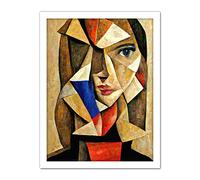 Doppelganger33 LTD Painting Cubism Style Portrait Of Young Woman Beige And Brown Artwork Framed Wall Art Print 18X24 Inch