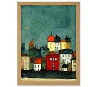 Doppelganger33 LTD Playful Town Skyline Scene At Night With Pastels And Ink Artwork Framed A3 Wall Art Print