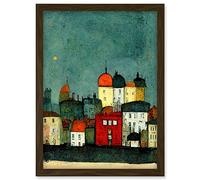 Doppelganger33 LTD Playful Town Skyline Scene At Night With Pastels And Ink Artwork Framed A3 Wall Art Print