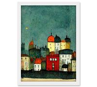 Doppelganger33 LTD Playful Town Skyline Scene At Night With Pastels And Ink Artwork Framed Wall Art Print A4