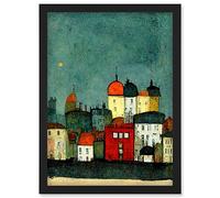 Doppelganger33 LTD Playful Town Skyline Scene At Night With Pastels And Ink Artwork Framed Wall Art Print A4