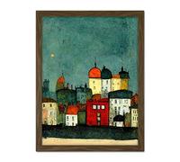Doppelganger33 LTD Playful Town Skyline Scene At Night with Pastels And Ink Artwork Framed Wall Art Print 18X24 inch