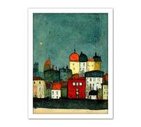 Doppelganger33 LTD Playful Town Skyline Scene At Night with Pastels And Ink Artwork Framed Wall Art Print 18X24 inch