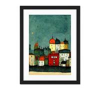 Doppelganger33 LTD Playful Town Skyline Scene At Night With Pastels And Ink Artwork Framed Wall Art Print 18X24 Inch