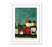 Doppelganger33 LTD Playful Town Skyline Scene At Night With Pastels And Ink Artwork Framed Wall Art Print 18X24 Inch