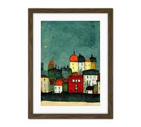Doppelganger33 LTD Playful Town Skyline Scene At Night with Pastels And Ink Artwork Framed Wall Art Print 18X24 inch