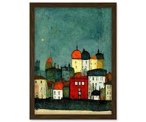 Doppelganger33 LTD Playful Town Skyline Scene At Night With Pastels And Ink Artwork Framed Wall Art Print A4