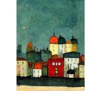 Doppelganger33 LTD Playful Town Skyline Scene At Night with Pastels And Ink Large Wall Art Poster Print Thick Paper 18X24 inch