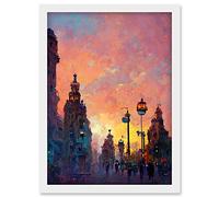 Doppelganger33 LTD Prague City 1800's Sunset Painting Purple Pink Clouds Artwork Framed Wall Art Print A4
