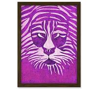 Doppelganger33 LTD Purple Tiger Face Linocut Abstract Painting Artwork Framed Wall Art Print A4