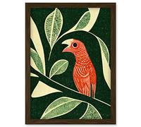 Doppelganger33 LTD Red Parrot On Tree Branch Vintage Linocut Illustration Artwork Framed A3 Wall Art Print