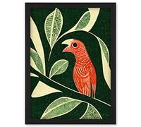 Doppelganger33 LTD Red Parrot On Tree Branch Vintage Linocut Illustration Artwork Framed A3 Wall Art Print