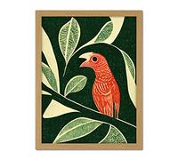 Doppelganger33 LTD Red Parrot On Tree Branch Vintage Linocut Illustration Artwork Framed Wall Art Print 18X24 Inch