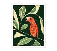 Doppelganger33 LTD Red Parrot On Tree Branch Vintage Linocut Illustration Artwork Framed Wall Art Print 18X24 Inch