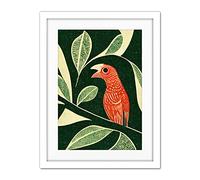 Doppelganger33 LTD Red Parrot On Tree Branch Vintage Linocut Illustration Artwork Framed Wall Art Print 18X24 Inch