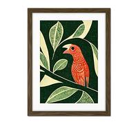 Doppelganger33 LTD Red Parrot On Tree Branch Vintage Linocut Illustration Artwork Framed Wall Art Print 18X24 Inch