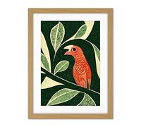 Doppelganger33 LTD Red Parrot On Tree Branch Vintage Linocut Illustration Artwork Framed Wall Art Print 18X24 Inch
