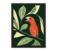 Doppelganger33 LTD Red Parrot On Tree Branch Vintage Linocut Illustration Artwork Framed Wall Art Print 18X24 Inch