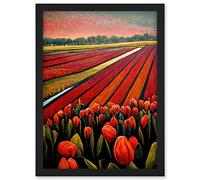Doppelganger33 LTD Red Tulip Fields Of Holland Netherlands Modern Oil Artwork Framed A3 Wall Art Print