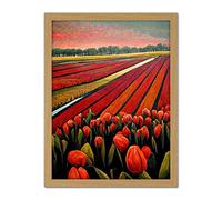 Doppelganger33 LTD Red Tulip Fields Of Holland Netherlands Modern Oil Artwork Framed Wall Art Print 18X24 Inch
