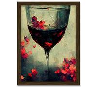 Doppelganger33 LTD Red Wine Glass And Pink Flowers Watercolour Artwork Framed A3 Wall Art Print
