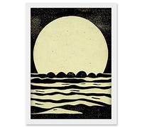 Doppelganger33 LTD Retro Moonrise Over Sea Black And White Linocut Illustration Artwork Framed Wall Art Print A4
