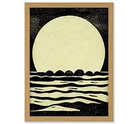 Doppelganger33 LTD Retro Moonrise Over Sea Black And White Linocut Illustration Artwork Framed Wall Art Print A4