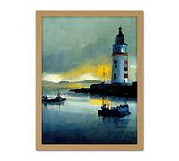 Doppelganger33 LTD Scottish Harbour Fishing Boats Lighthouse Modern Artwork Framed Wall Art Print 18X24 Inch