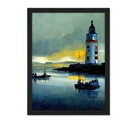 Doppelganger33 LTD Scottish Harbour Fishing Boats Lighthouse Modern Artwork Framed Wall Art Print 18X24 Inch