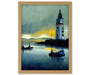 Doppelganger33 LTD Scottish Harbour Fishing Boats Lighthouse Modern Artwork Framed Wall Art Print A4