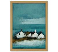 Doppelganger33 LTD Scottish Seascape White Cottages On Teal Artwork Framed A3 Wall Art Print